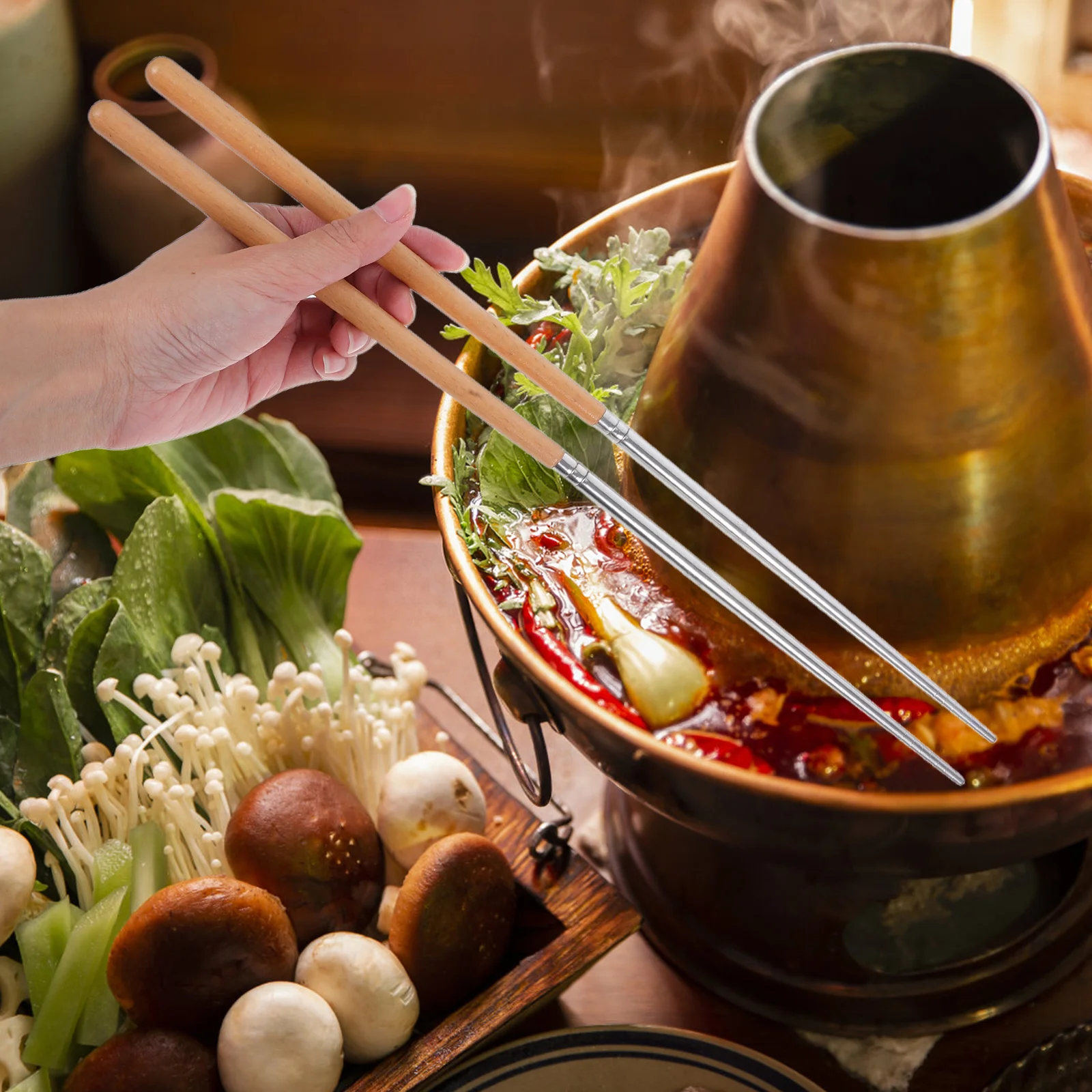 

1Pair Long Stainless Steel Chopsticks with Wooden Handle for Cooking Frying Noodles Heat Insulated Non Slip Dishwasher Safe