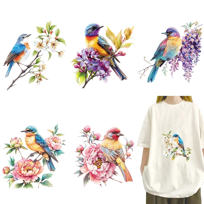 Colorful peak birds and flowers Iron On Patch Heat Transfer On Clothes dtf transfers ready to press Heat Transfer Printing