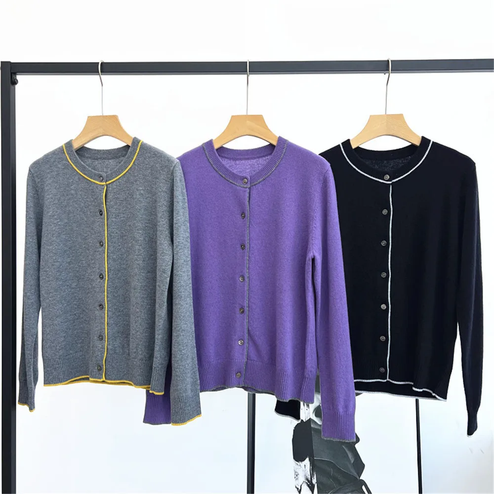 

25 Autumn/Winter Women's Round Neck Cardigan Color Blocked Single breasted Long Sleeved Cashmere Blended Knitted Sweater