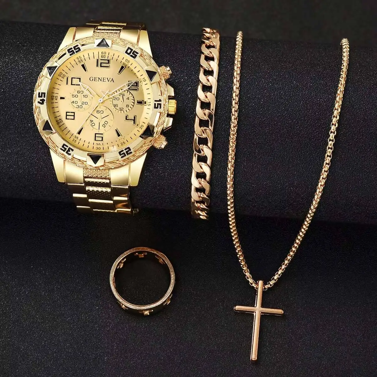 4 개/대 럭셔리 대형 다이얼 남성 비즈니스 시계 남성 쿼츠 시계 패션 쥬얼리 세트 Reloj Hombre(상자 제외)