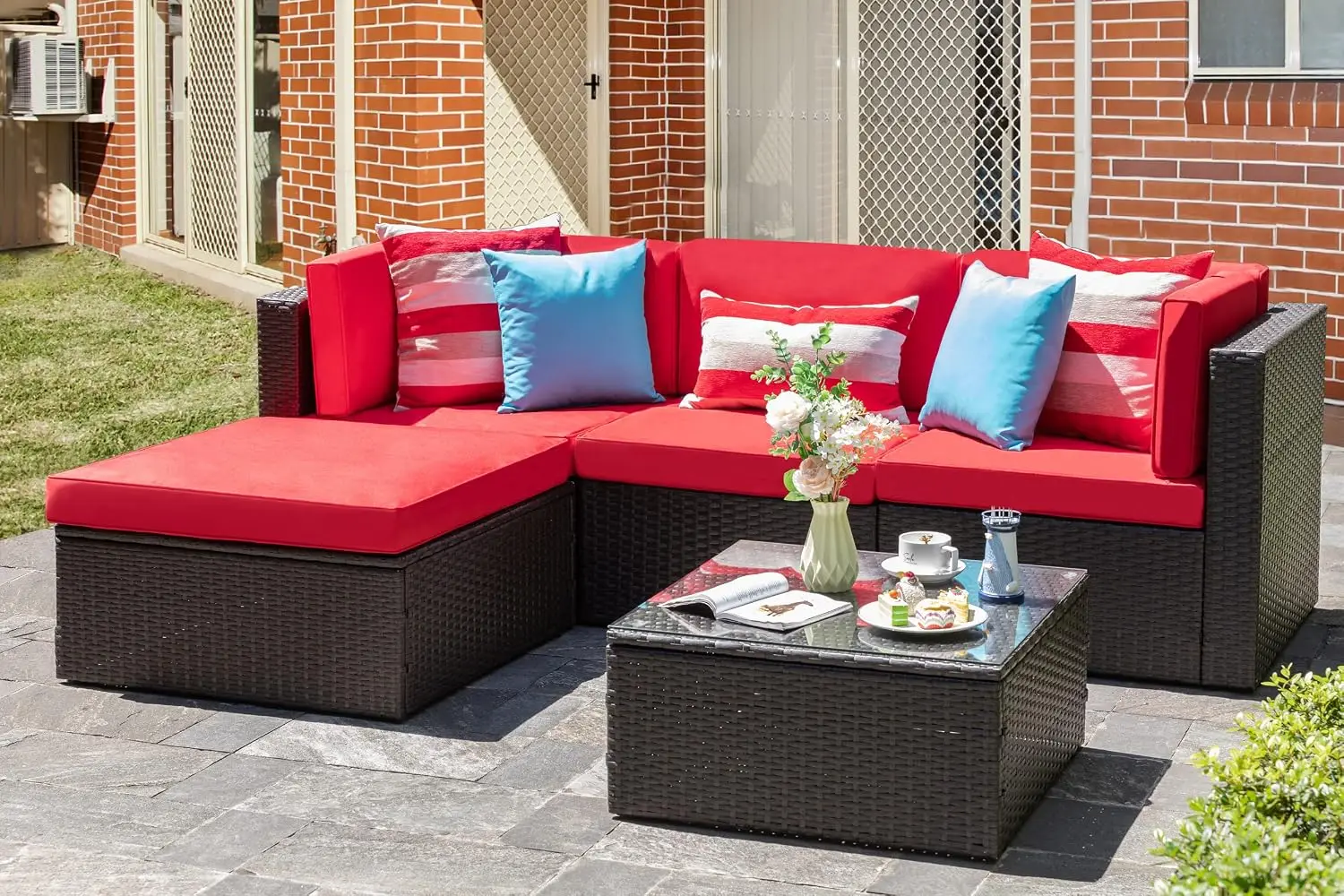 5 Piece Wicker Patio Sofa Set, All-Weather PE Rattan Sectional w/Ottoman & Glass Table for Garden Backyard Porch, Customized