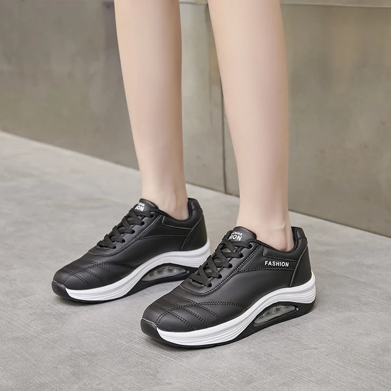 Fashion Womens Leather Sneakers Thick Bottom Sports Shoes Mid-air Cushion Dancing Shoes for Ladies Casual Platforms Shake Shoes