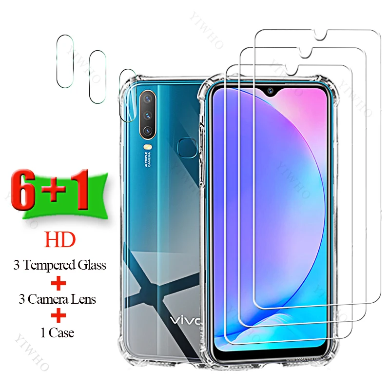 6+1 HD Tempered Glass Screen Protectors for Vivo Y17 Soft Silicone Case Camera Lens for Vivo Y 17 6.35