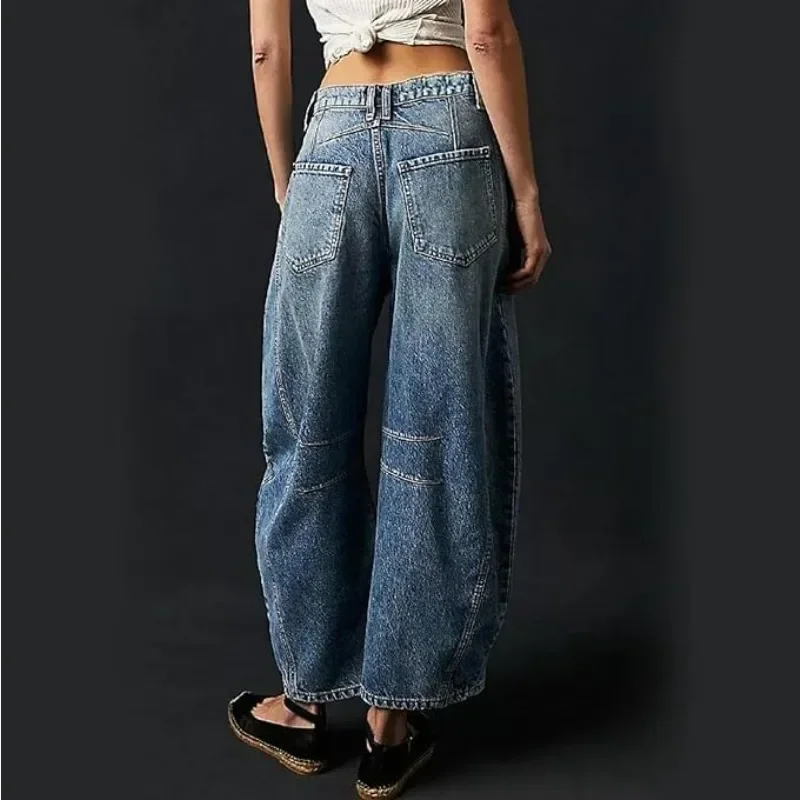 Barrel  Women's Mid-Rise Barrel   Wide Leg Loose Y2K Boyfriend Loose  Cropped Jeans with Pockets