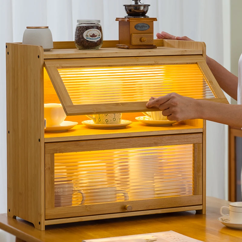 

Tabletop Storage Box Cups Bottles Utensils Dustproof Storage Cabinet Bamboo Kitchen Organizer with Glass Doors