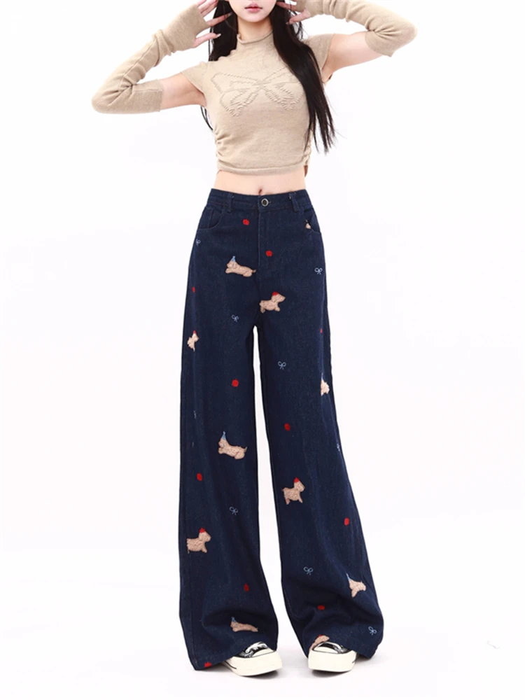 Women's Puppy Embroidered Patchwork Wide Leg Blue Jeans Cool Girl Vintage Trouser Streetwear Female Casual Denim Pants