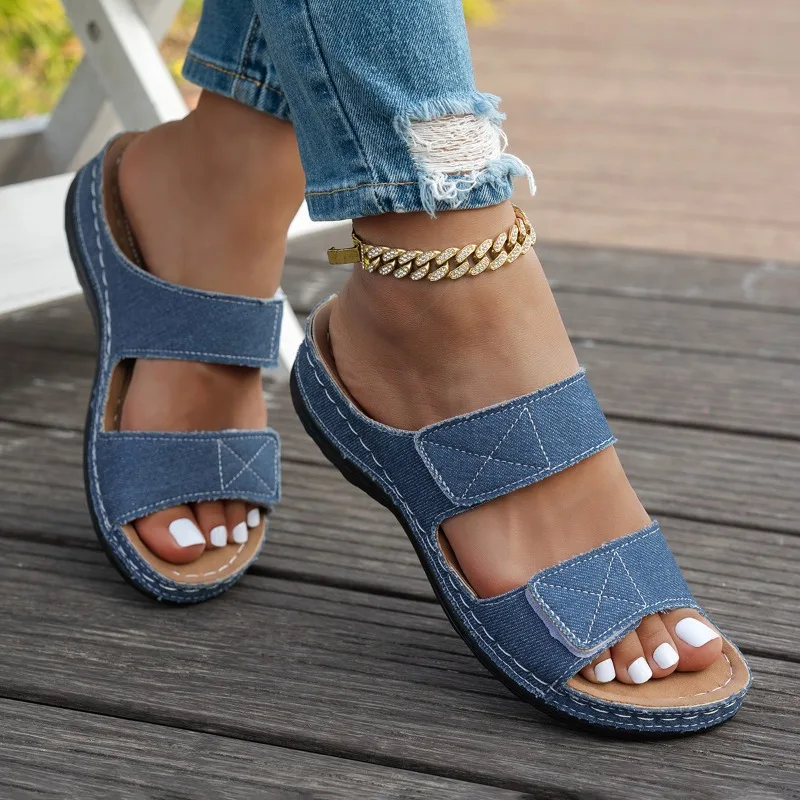 Women Blue Denim Two Wide Strap Slide Sandals Open Toe 4.5CM Wedge Platform Slip on Orthopedic Walking Slippers
