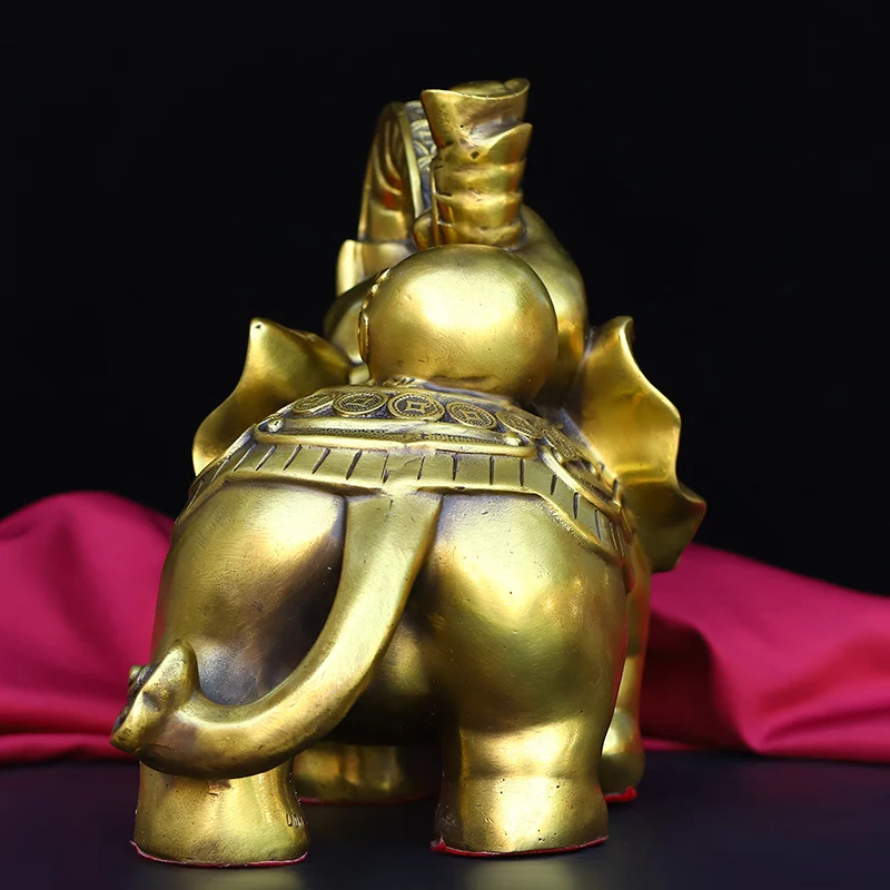 

10"Tibetan Temple Collection Brass blessing Elephant statue A Pair Yuanbao Coin Elephant Gather fortune Ornament Town house