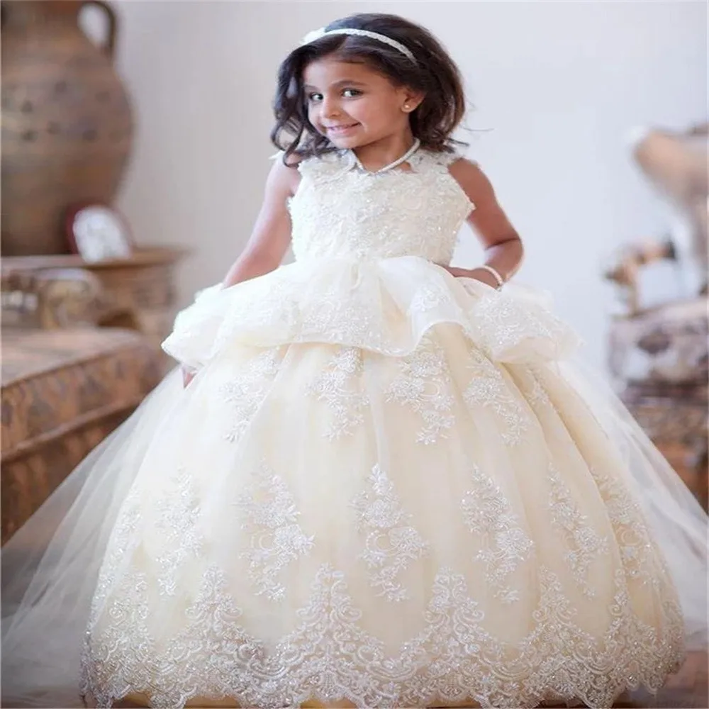 Precioso vestido de niña de flores para boda, vestido de baile de tul hinchado de encaje, fiesta de cumpleaños de princesa, vestido de primera comunión hecho a medida