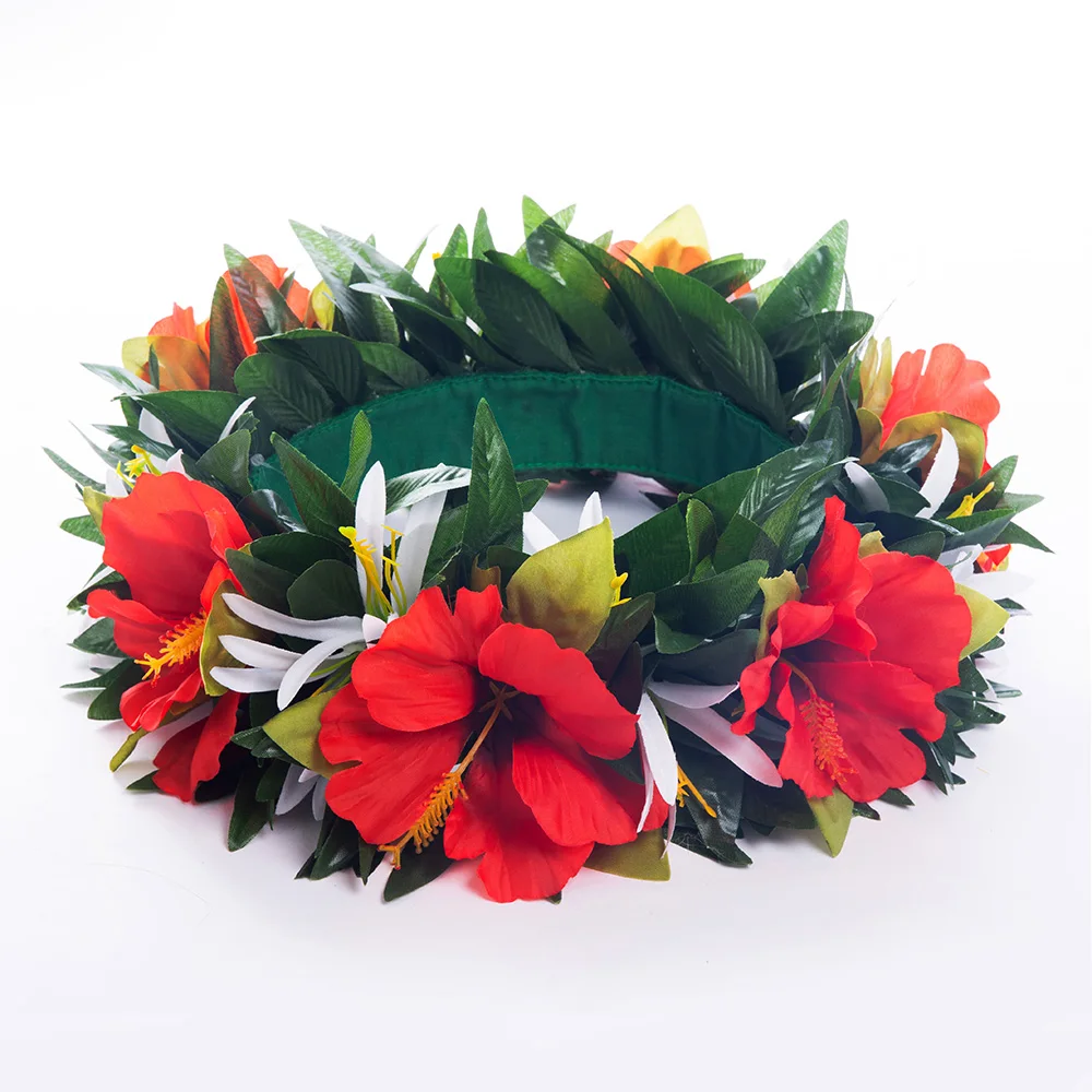 2023 Spring Summer New Style Headband Artificial Silk Hibiscus with Leaves Headband Haku Hawaii Hula Girl Dancer Headwear