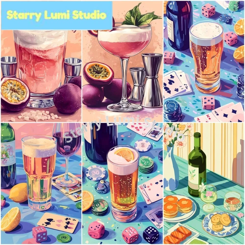 Kit de Pintura de Diamantes DIY para Adultos, Diseño de Cócteles Coloridos, Cerveza y Vino, Bebidas de Maracuyá, Decoración de Pared, Regalo