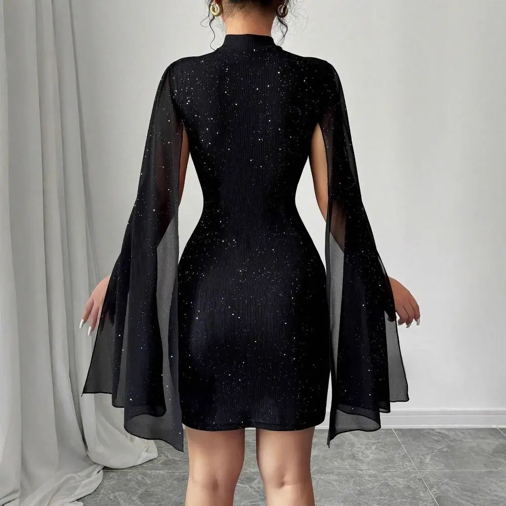 Sweet Sparkling Chiffon Cape Red Dress A-line Half Neck Women Glitter Party Dress Hollow Out Skirt Slim Evening Dress Party