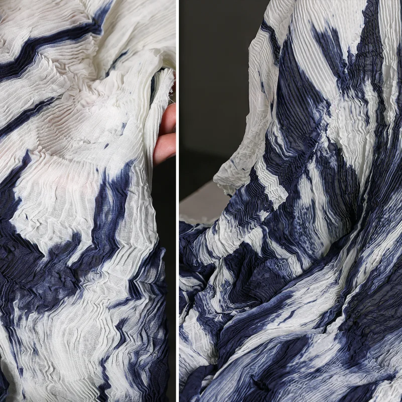 Volcano Indigo White Gradient Pressure Folding Fabric  Retro Tie Dye Pleated Creative Clothing Designer Fabric