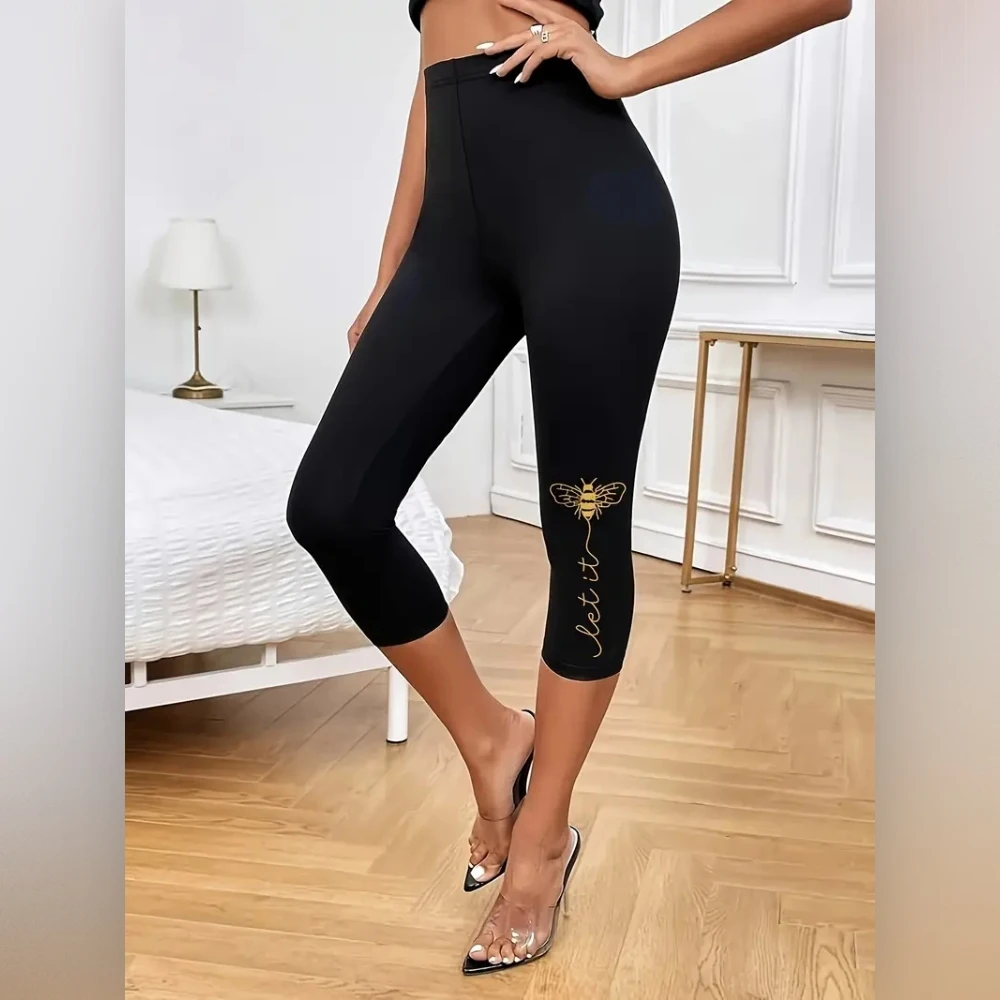 Bee print stretch elastic waist slim-fit leggings skinny casual capri pants for women