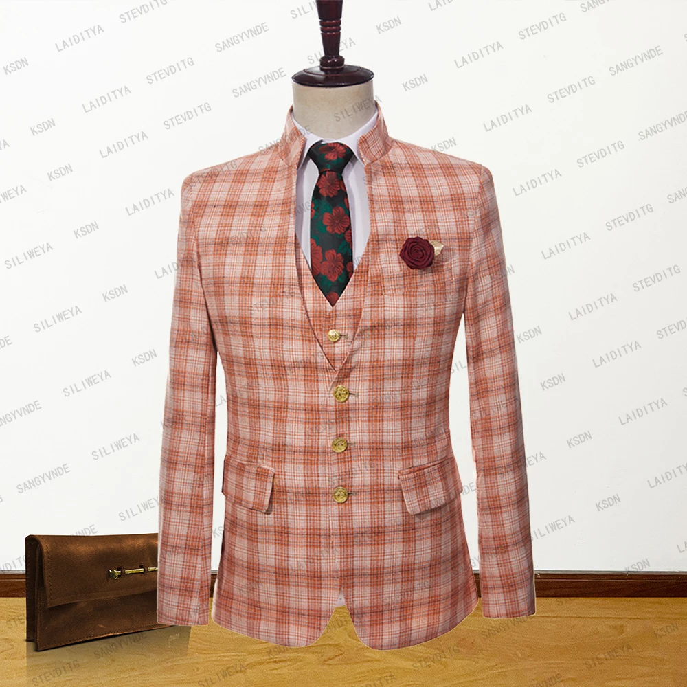 

2023 Men Suits Jacket Blazer Coat New Fashion Stand Collar Summer Beach Linen Tangerine Striped Grid High Quality Party Slim