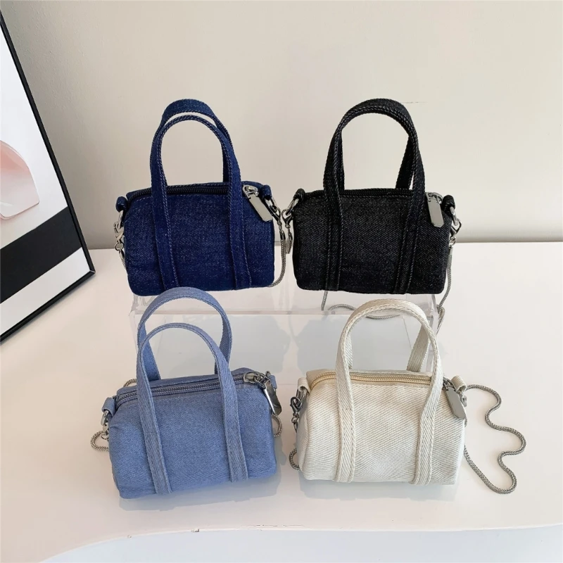 Women Cute Denim Canvas Chain Crossbody Shoulder Bag Coin Purse Korean Mini Handbag with Top Handle for Lipstick and Small Item