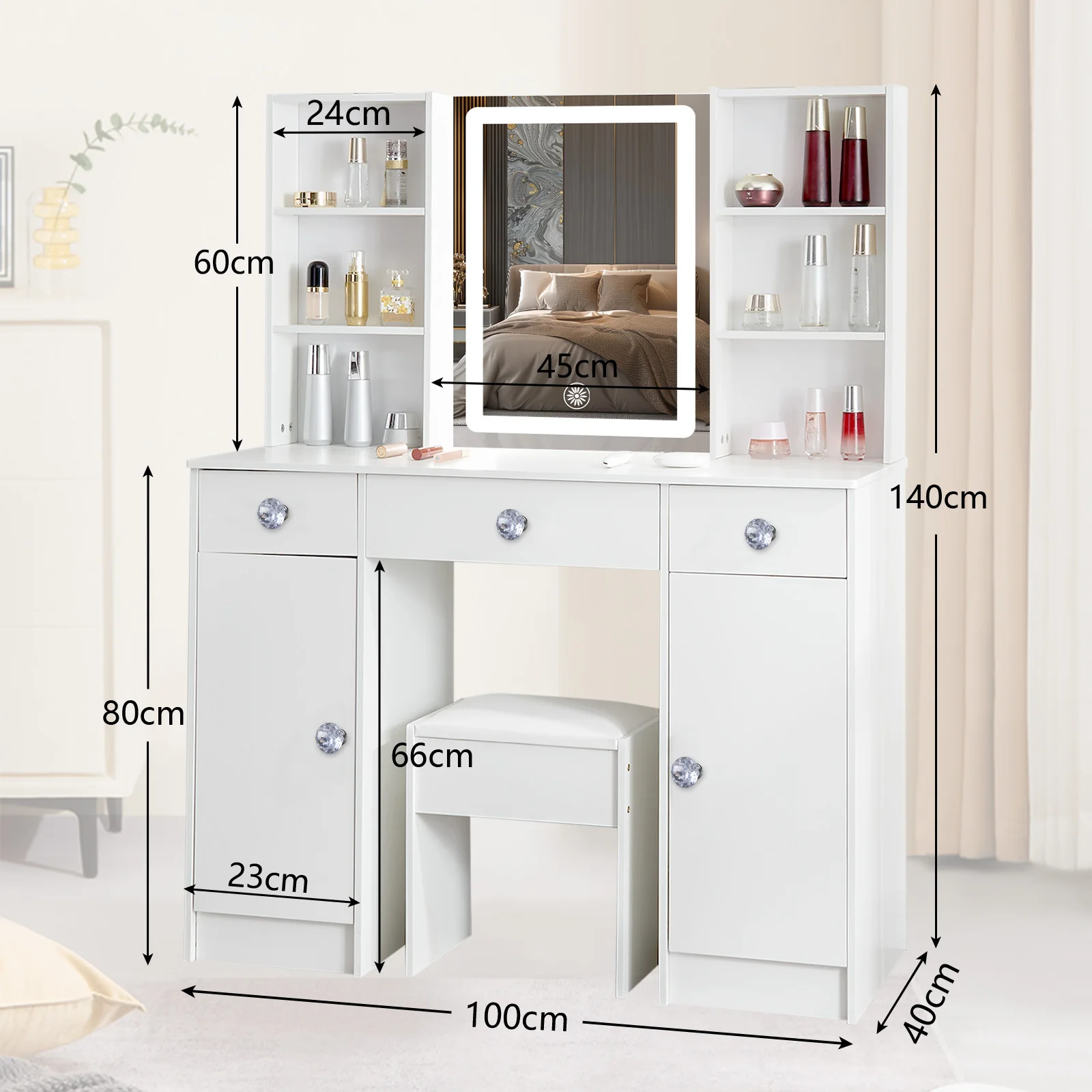 【صفقات 11.11، عروض الجمعة السوداء 2025】طاولة تزيين بيضاء مع مرآة ذكية بإضاءة LED ومكتب مكياج للزينة