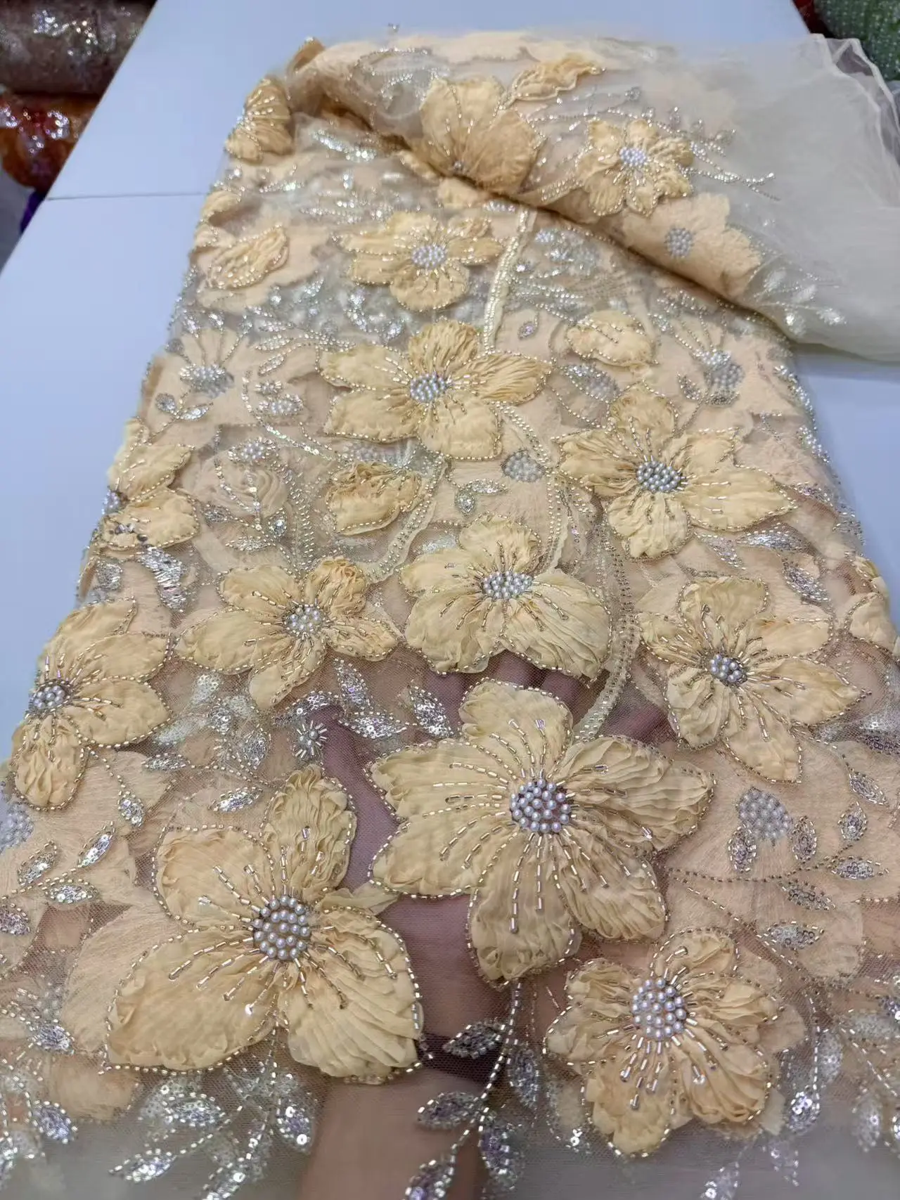 

African 3D Flower Beads Lace Fabric 2025 High Quality French Nigerian Sequins Embroidery Tulle Fabric For Wedding Dress Sewing