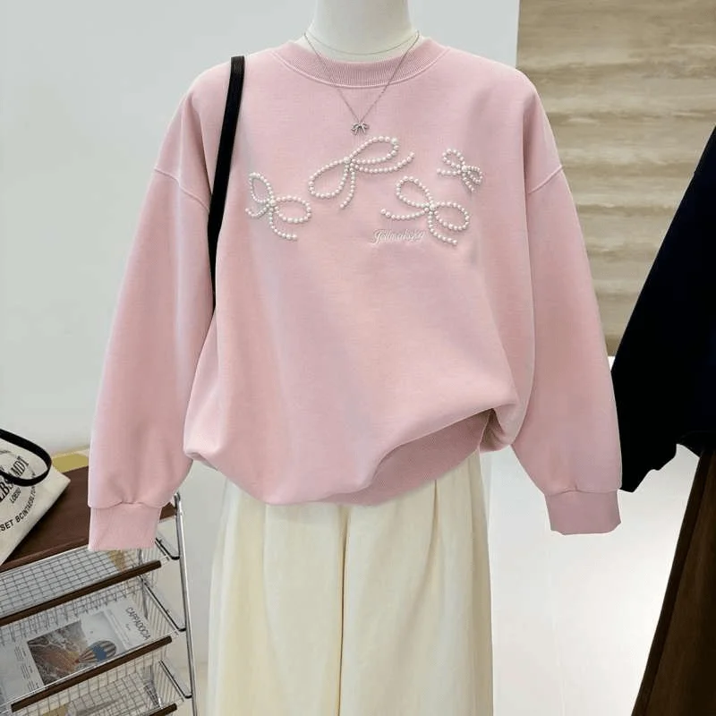Bead Embroidered Bow Sweatshirts Autumn High Sense Korean Fashion O-neck Loose Long Sleeve Top Women Pullover Sweatshirt Tops