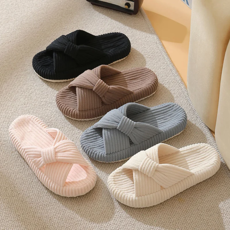 

Corduroy Cross Straps Home Slippers for Women Lightweight Non Slip Indoor Slides All Season Striped Plush Slippers for Couples