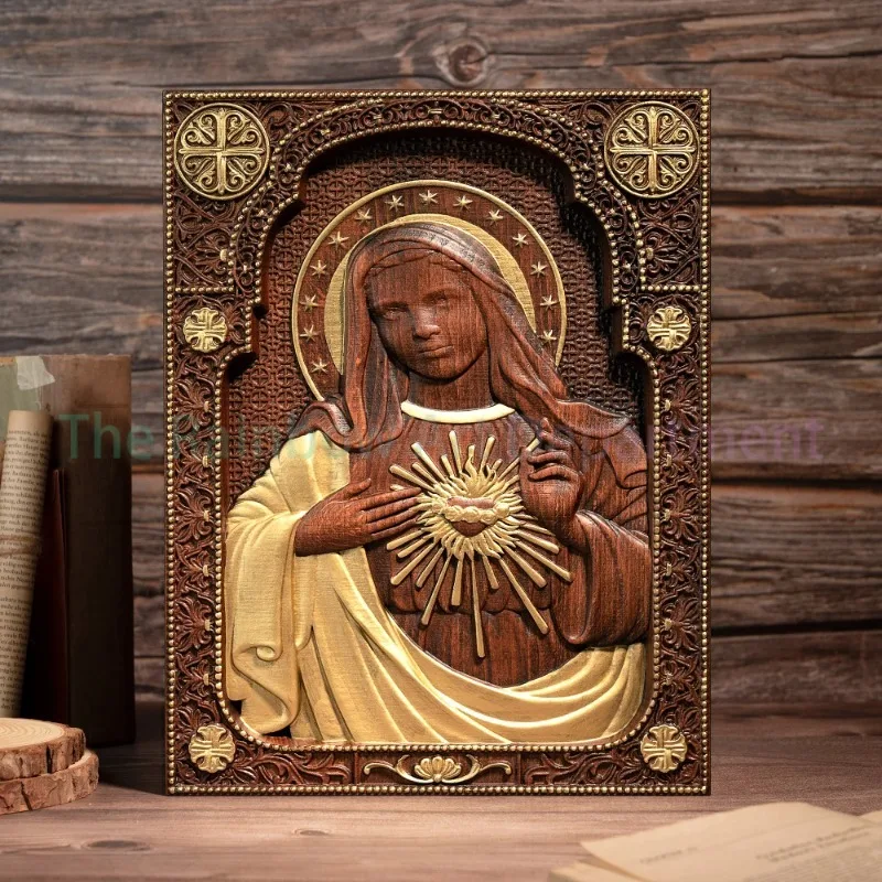 Virgin Mary Sacred Heart Wood Sculpture, Perfect Heart, Catholic Saint Image, Religious Church, Christian Gift, Home Decoration