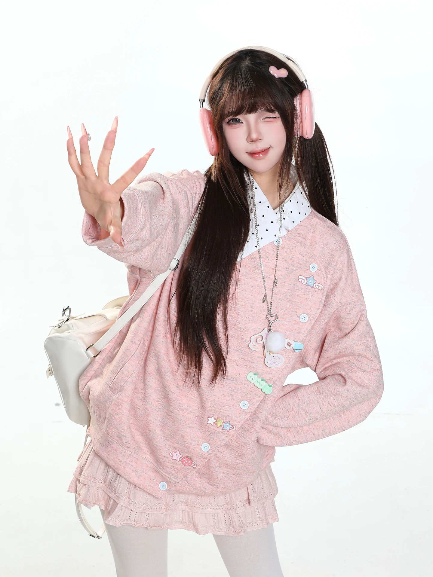 Sweet Cartoon Embroidered Open Cardigan Sweatshirt Women's Autumn Design Color Block Loose Youthful Outerwear Casual Style