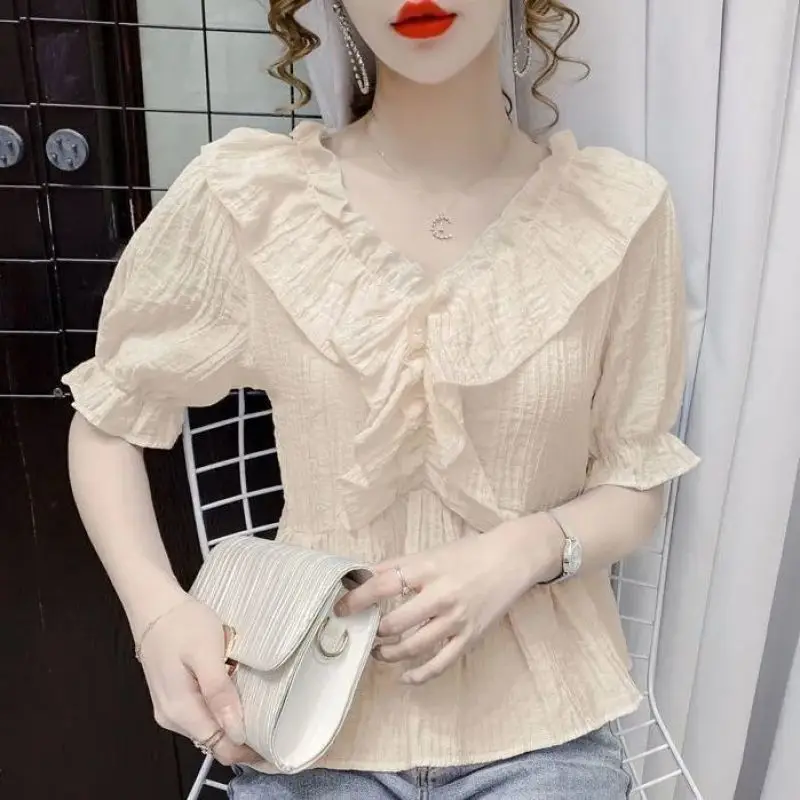 Women Summer Simplicity Loose Pleated Solid Color V-neck Short Sleeve Chiffon Shirt Women Clothes Casual All-match Trend Tops