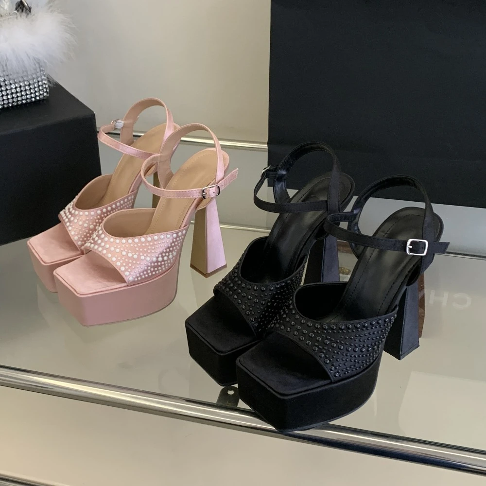 

Women's Square Open Toe Rhinestone Studded Single Strap Ankle Buckle Platform Block Heel Sandals,Y2K Sexy Nightclub Par Footwear