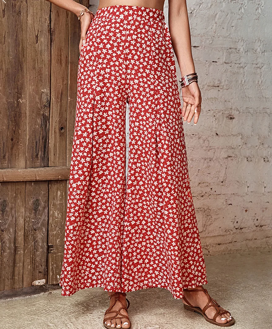 

2024 Summer New Women's Red Trousers High Waist Floral Flare Fashion Commuter Style Wide Leg Pants