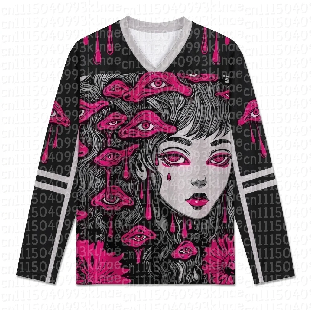 Girl Parent-Child V Neck Long Sleeve T-Shirt Gothic Manga Graphic Halloween Family Matching Outfits Casual Pink Loose Tops