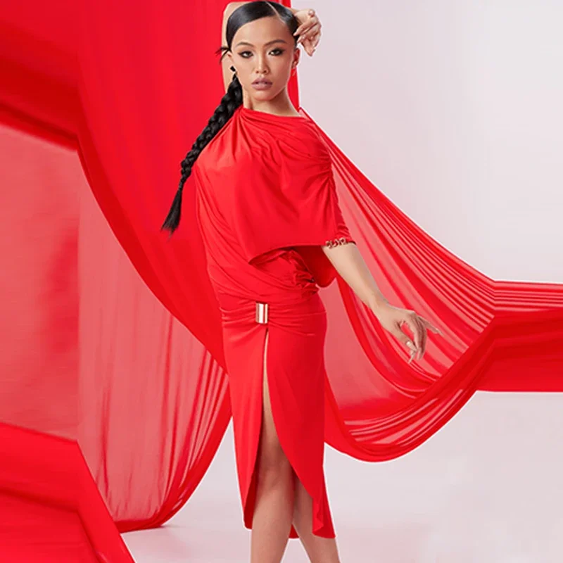 Adults Samba Rumba Latin Dance Clothes Slanted Shoulder Top Slit Skirt Women'S Latin Dance Competition Costumes SL13087