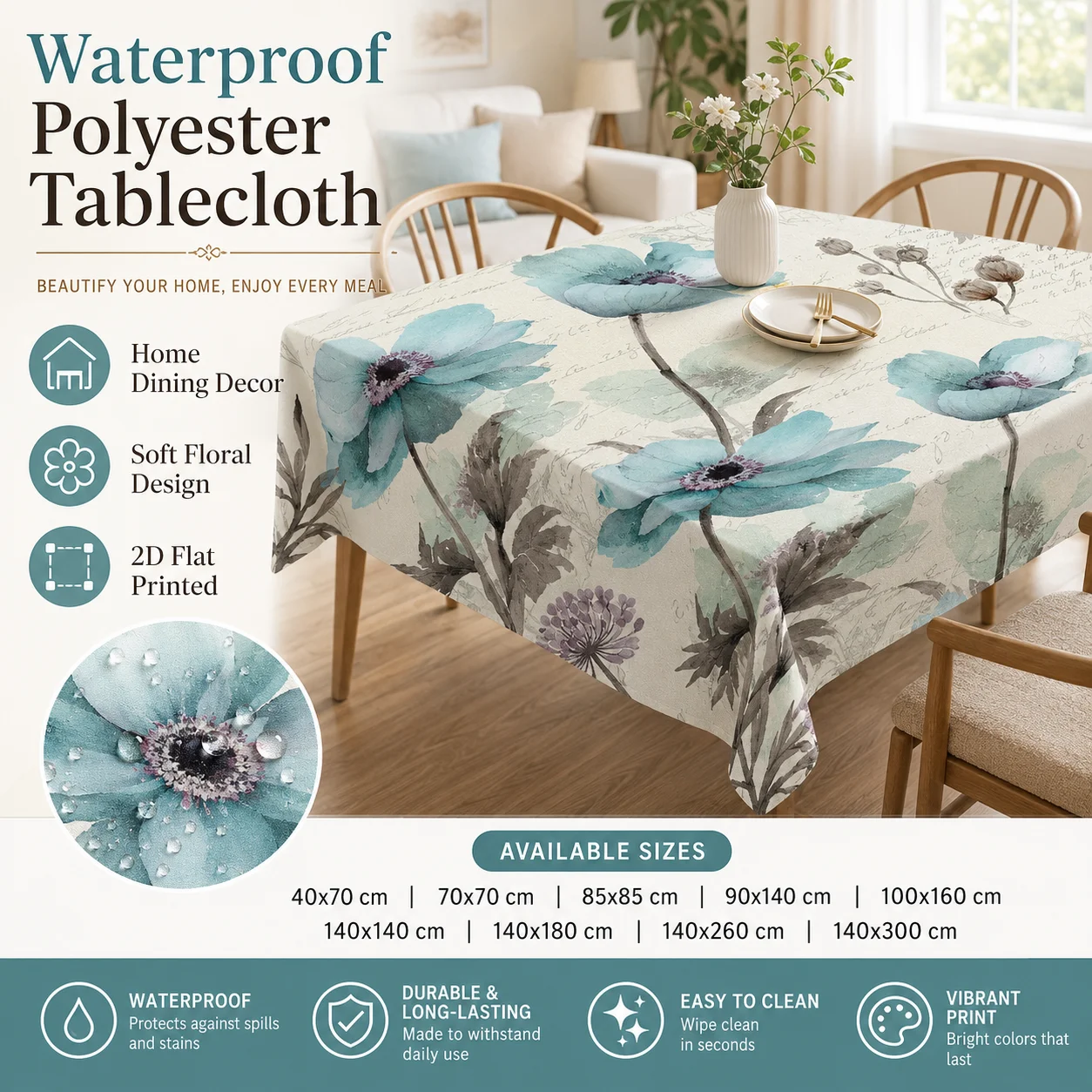 

Elegant Blue Flower Tablecloth 2D Flat Printed Waterproof Polyester Botanical Table Cover For Kitchen Wedding Party