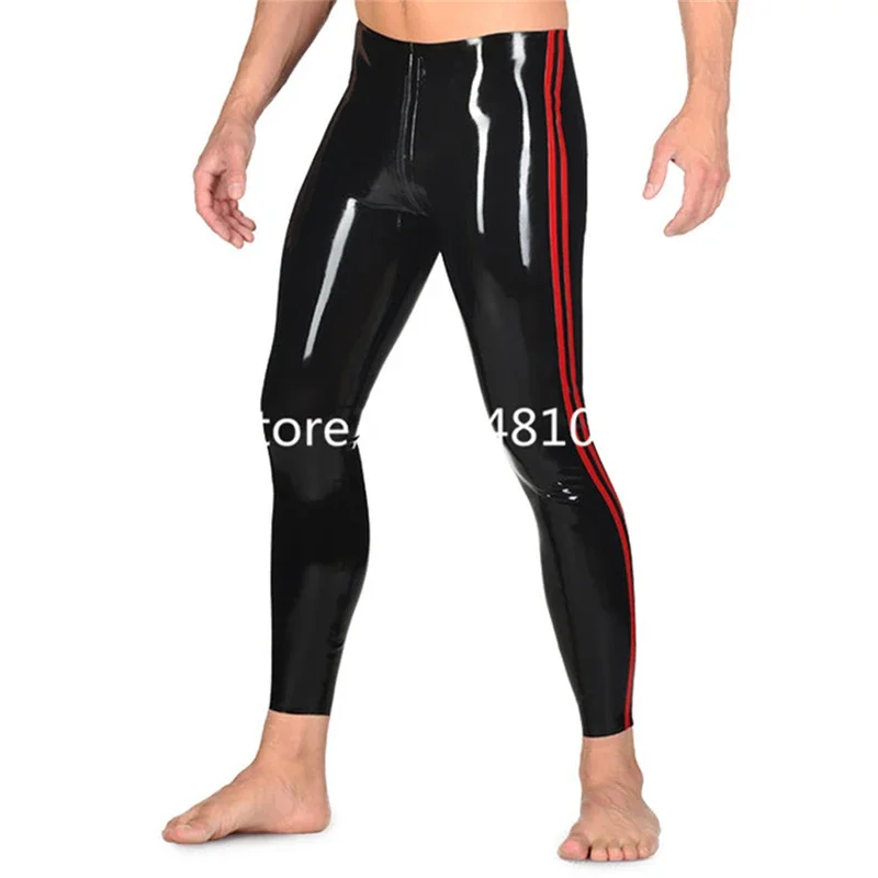 Leggings justas de látex natural para homens calças de borracha de látex sexy pretas com vermelho