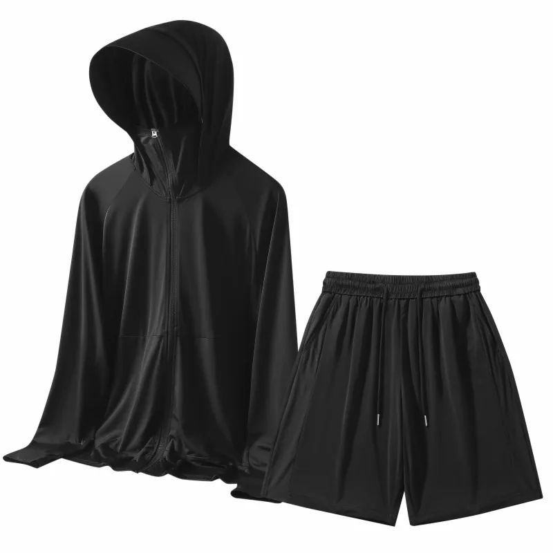 UPF50 Men Mosquito Proof Commuter Workwear Set 2025 Summer Hooded Polo Shirt Mid Pants 2 Piece Outdoor Sportswear Sun Protection