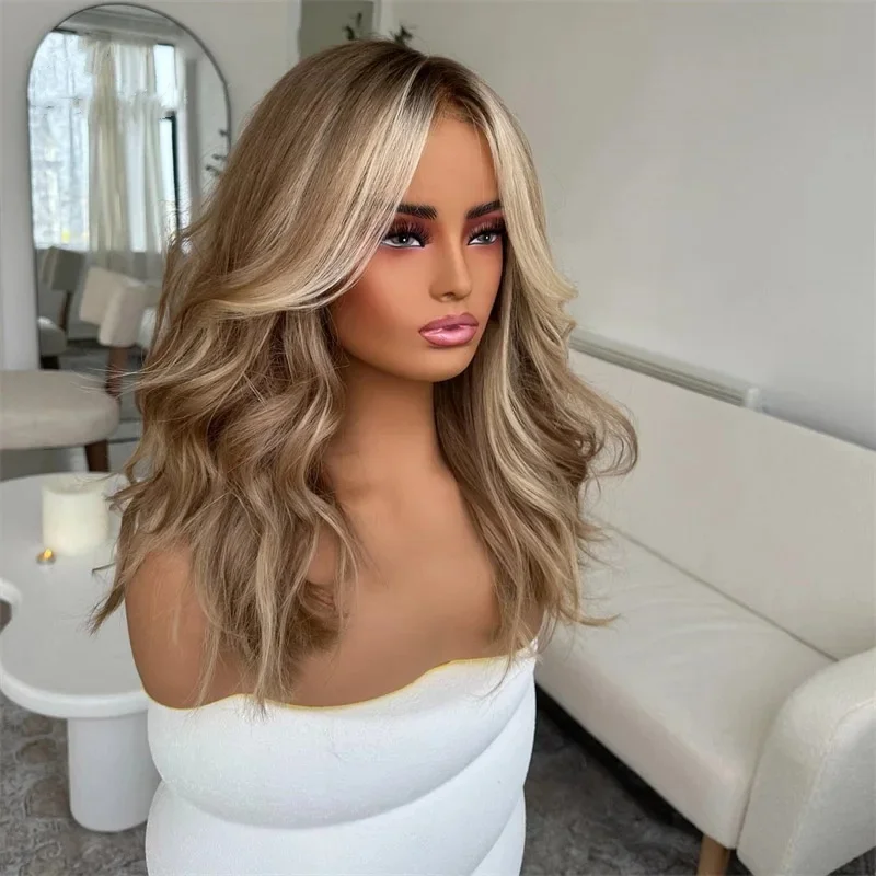 

Brown Wig Mix Blonde Hairline Wig Dark Roots Body Wave Lace Front Wig 18 Inch 13x4 Centre Part Wig Glueless Heat Resistant Wig