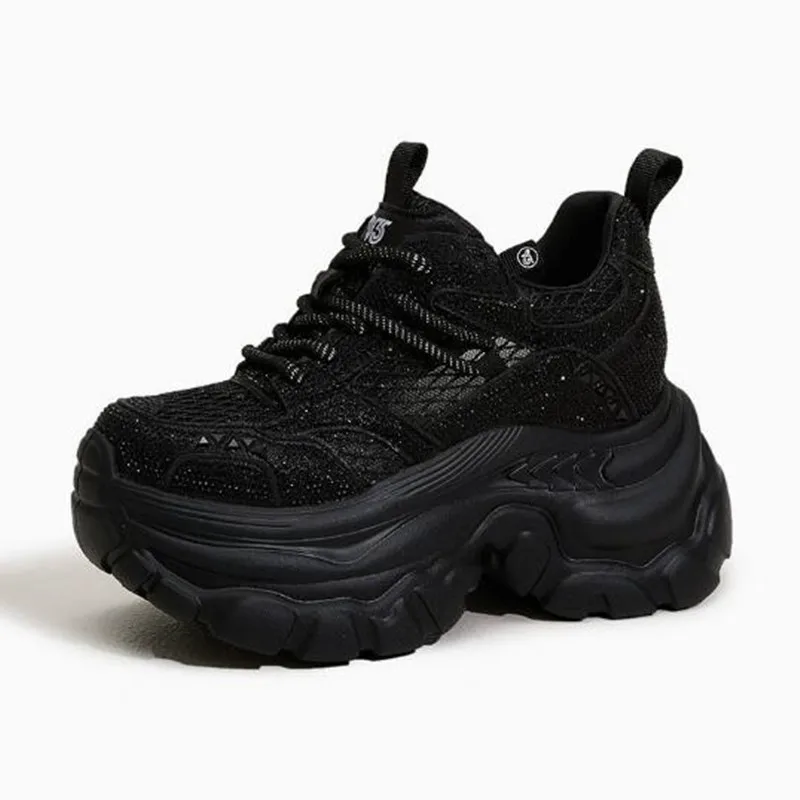 

Новые женские летние кроссовки на высокой платформе 9 см из дышащей сетки и синтетической кожи, на массивной подошве, вулканизированные, с блестками