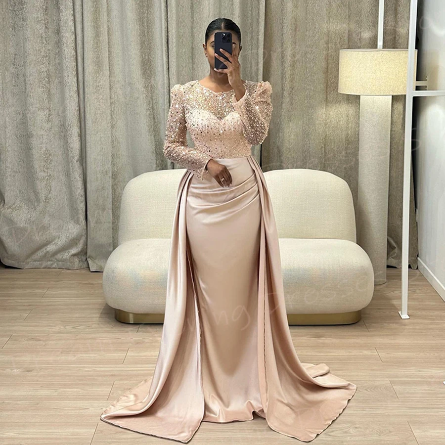 2025 Generous Women's Mermaid Graceful Evening Dresses Simple O Neck Long Sleeve Customized Prom Gowns Sequined Vestidos Gala