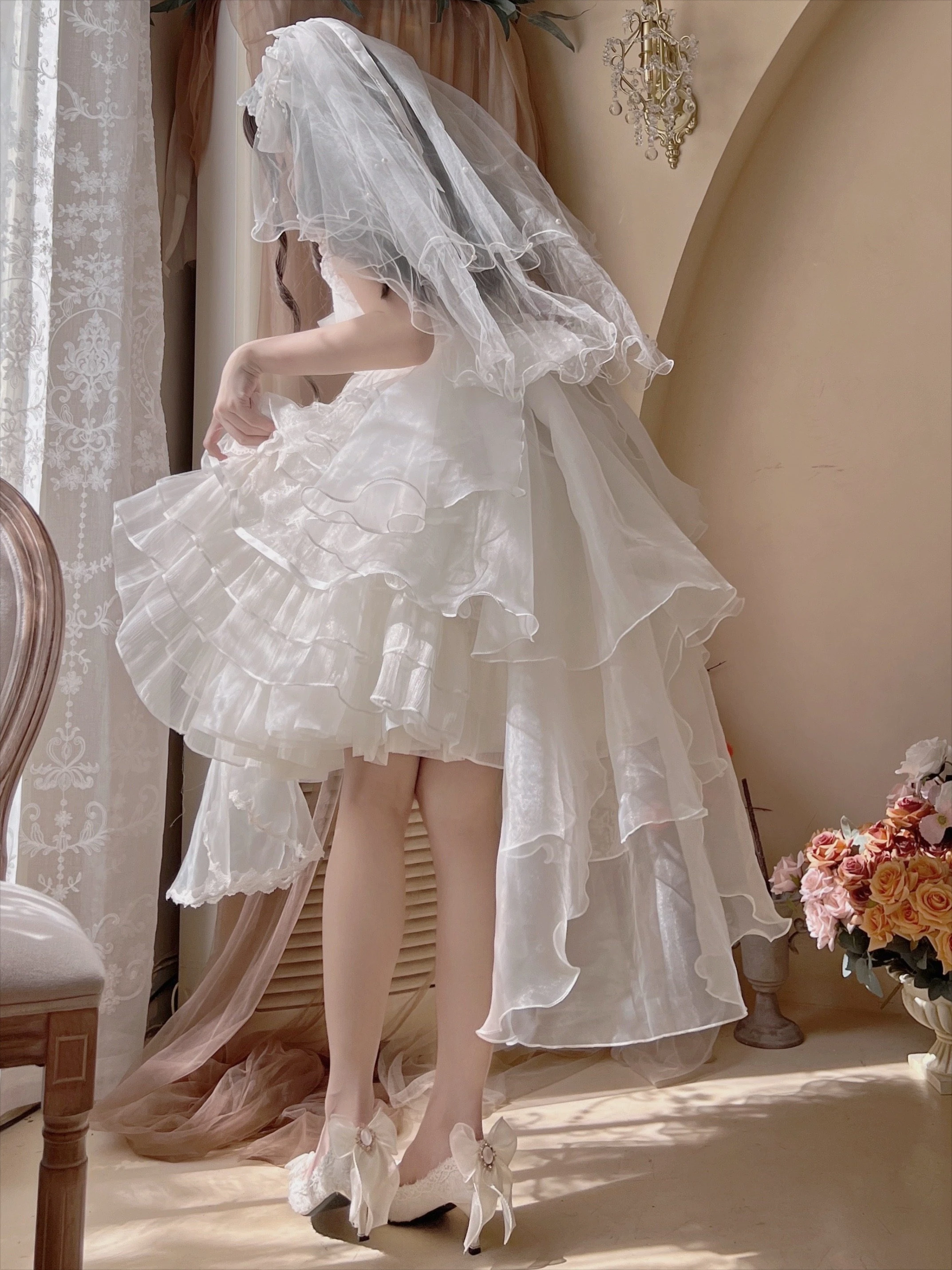 Clássico lolita casamento jsk vestido feminino elegante marfim renda pérola arco tiras em camadas vestido de tule para cerimônia de festa de chá e eventos