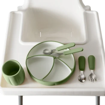 Baby silicone feeding tableware set waterproof suction bowl children's dishes plate stainless steel spoon BPA free silicone baby stuff