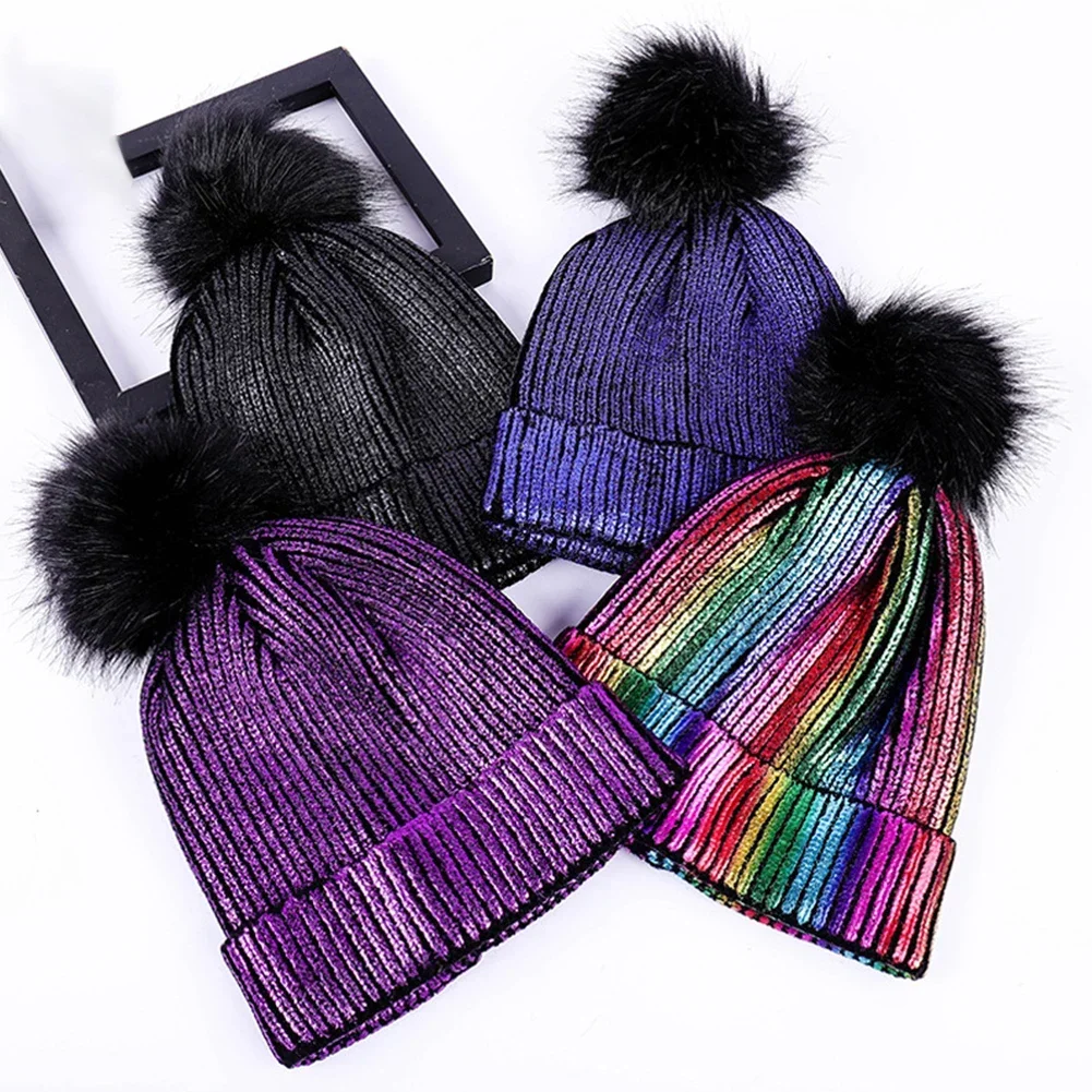 Hair Ball Warm Knitted Metallic Shiny Girl Autumn Winter Soft Crochet Cute Pompom Cap Beanie Windproof Solid Women Hats