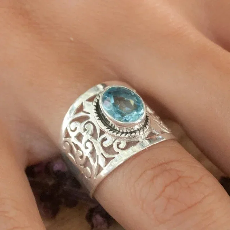 2024 Hollow Out Wide Ring with Oval Sky Blue Stone Trendy Accessories for Women Wedding Party Female Rings Statement Jewelry