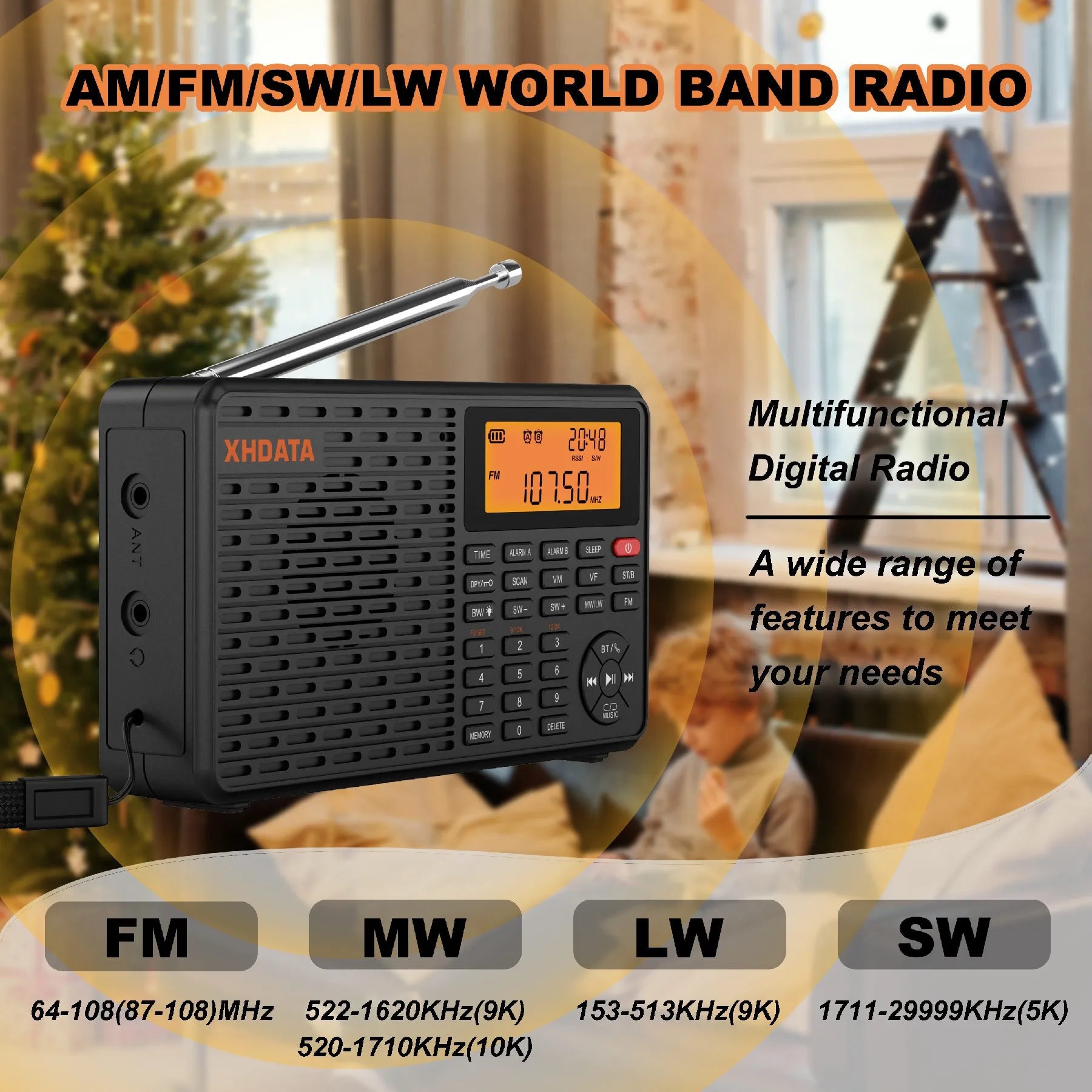 XHDATA D-109 Stereo Digital Portable Radio AM SW MW FM Radio Bluetooth Compatible Multifunctional Radio Support TF Card Player 