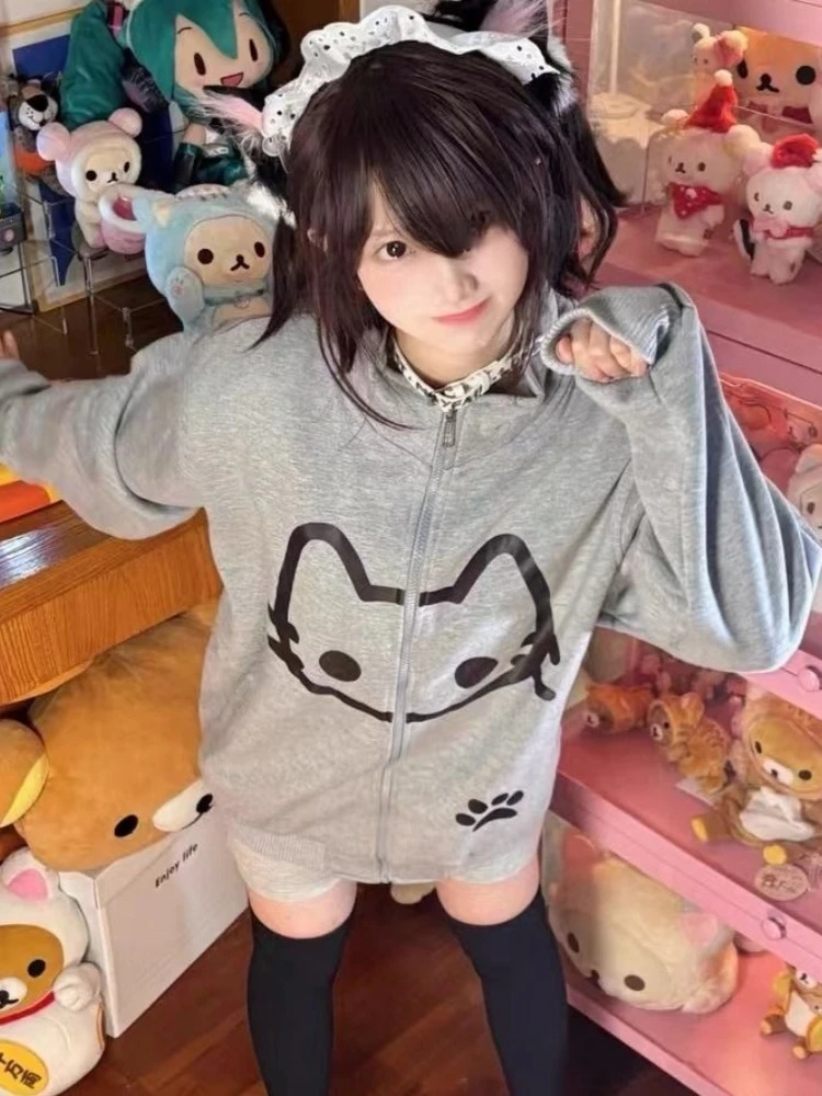 HOUZHOU-sudaderas con capucha de estilo japonés para mujer, ropa de calle Harajuku, sudadera de gran tamaño con estampado de dibujos animados, dulce y suave, Y2k