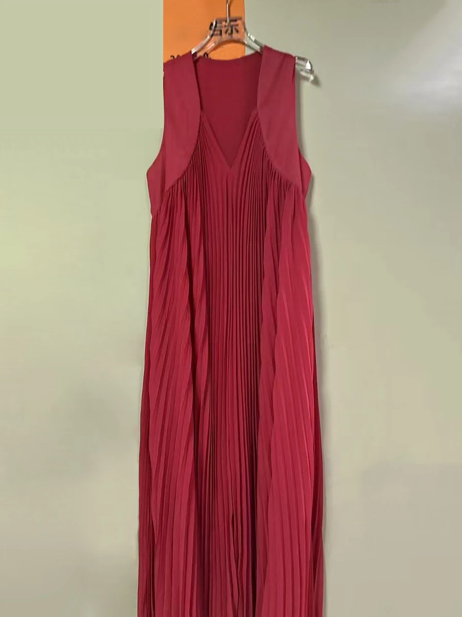 GALCAUR 솔리드 루즈 스플 라이스 폴드 미니멀리즘 드레스 여성용 V 넥 민소매 패치 워크 쉬어 우아한 드레스 여성 의류