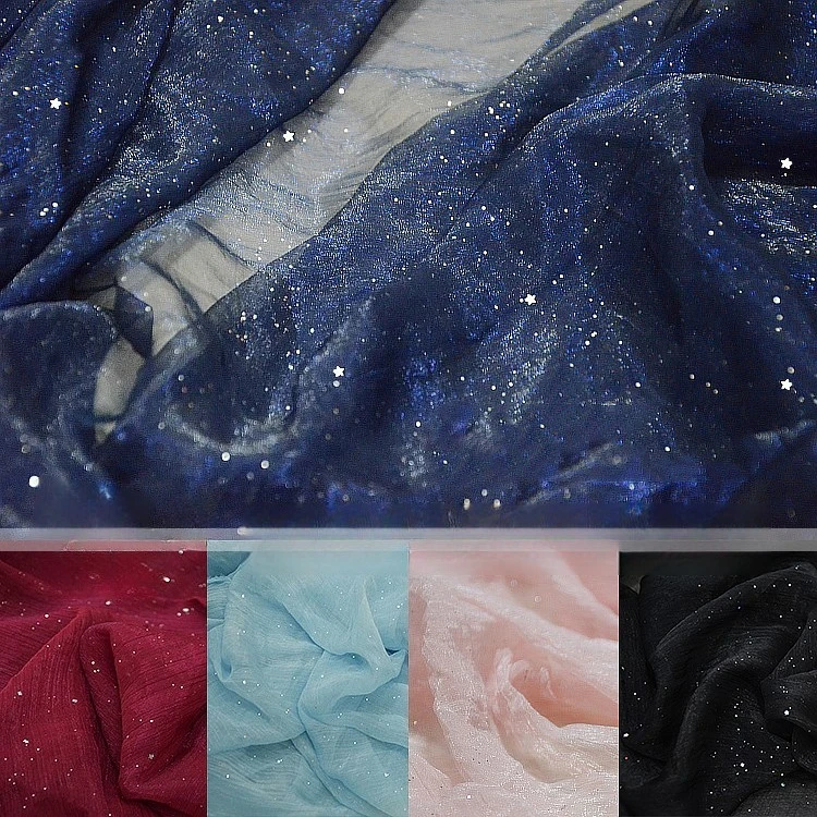 Tessuto chiffon pieghettato con paillettes stelle abbronzante al metro per abbigliamento abiti Hanfu cucito tinta unita tessuto sottile morbido e traspirante