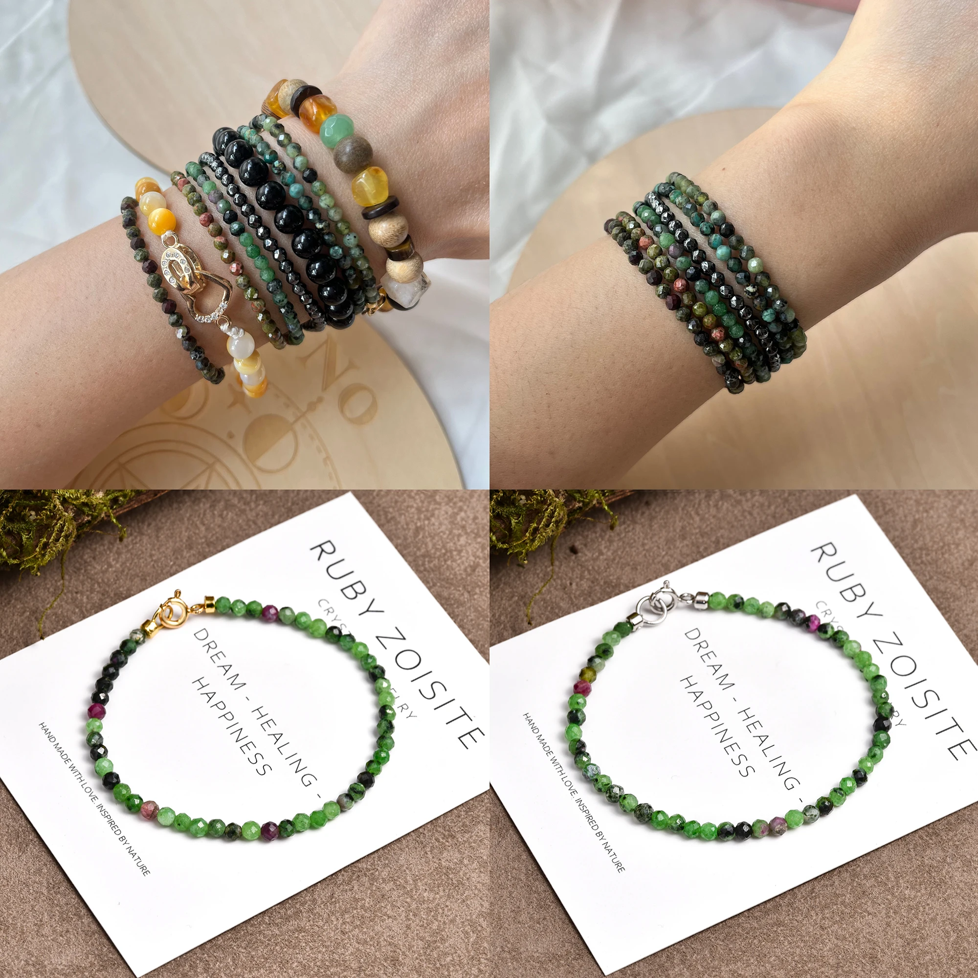 Natural Ruby Zoisite Bracelet Faceted Green Beads with Red Sparkle Dainty Unisex Jewelry for Men Women Adjustable Free Shipping #1
