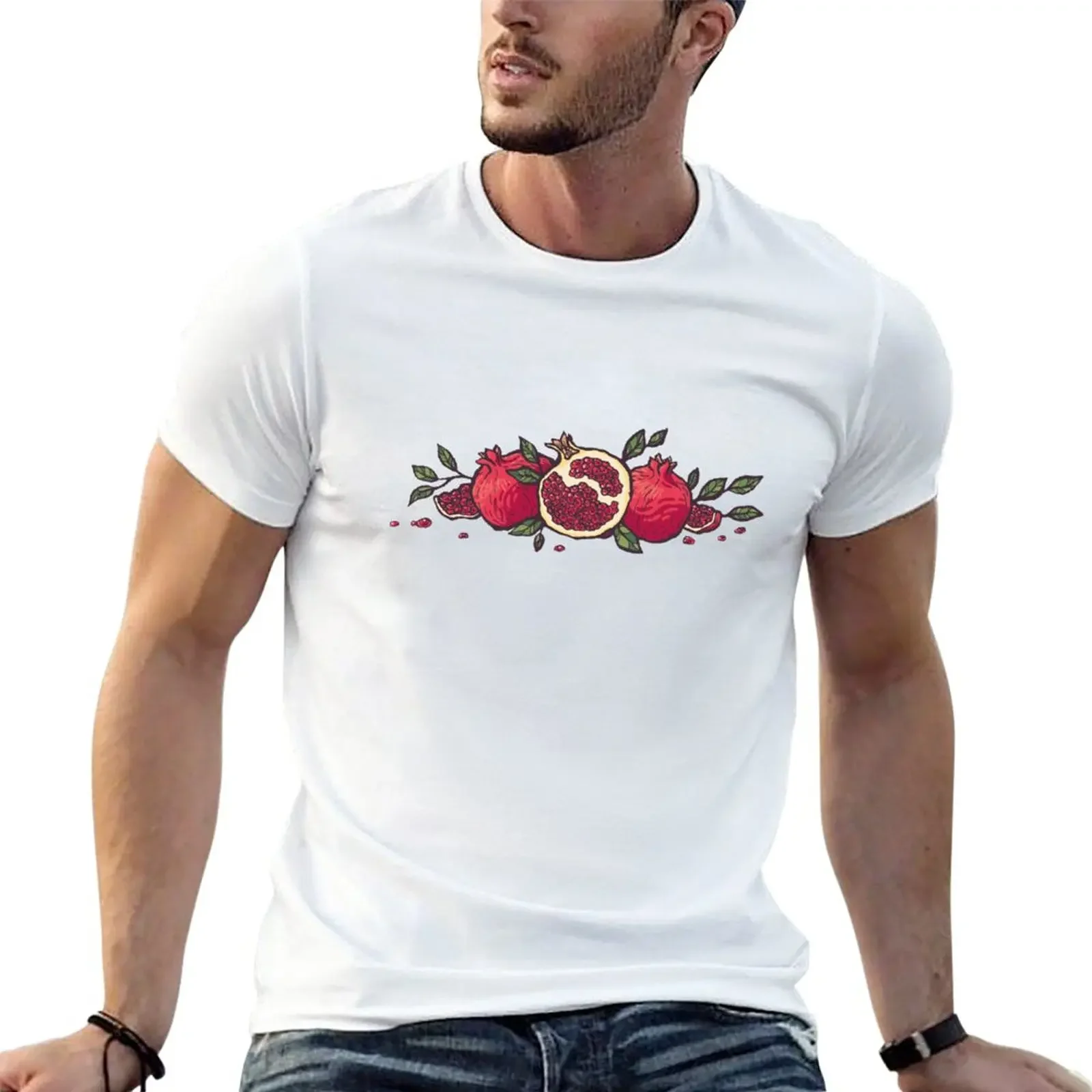 New Red pomegranates on white T-Shirt oversized anime clothes sports fans Men's clothing