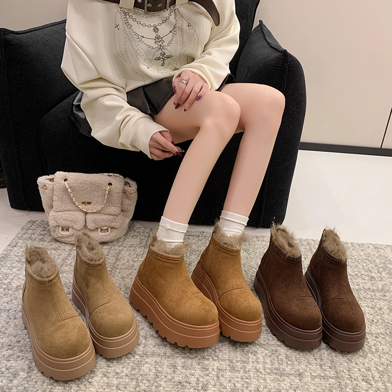 

Новинка 2025 года, женские теплые ботильоны с круглым носком, женская обувь высокого качества, модные однотонные современные ботинки на платформе с молнией сзади