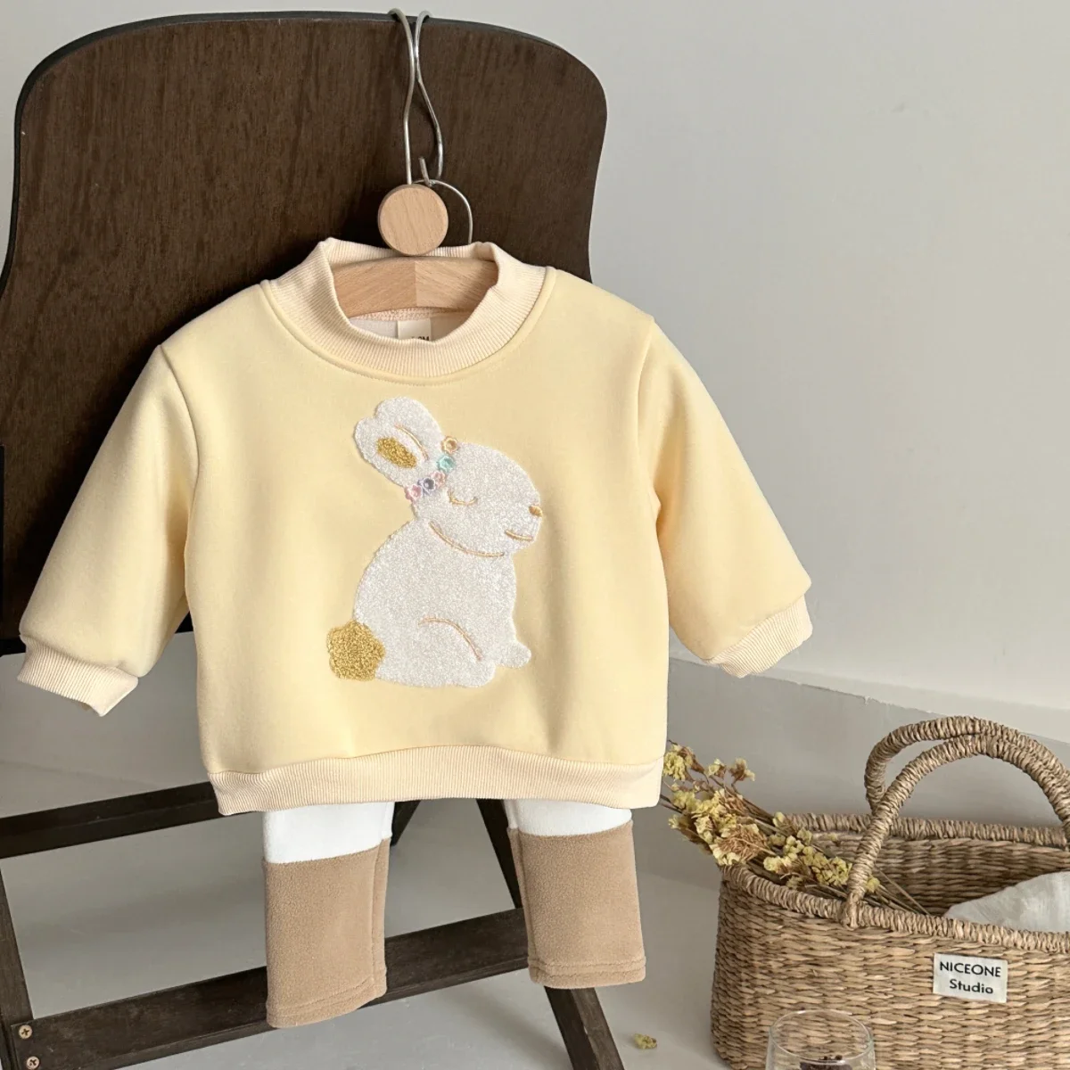 2Pcs Children's Set Autumn Winter Simple Rabbit Embroidery Round Neck Long Sleeve Pants Baby Girl 1-3 Years