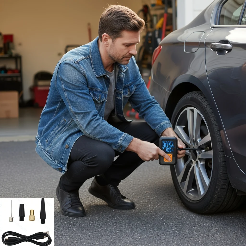 Multifunctional Electric Air Pump, Wireless Digital Display Tire Pressure Inflator, Universal Inflator for Car Tires, Bicycles, Motorcycles, and Balls, Portable Air Pump, Large Digital Display for Tire Pressure, Automatic Shut-Off with Preset Settings, Multiple Adapter Nozzles, USB Rechargeable Handheld Inflator, Dual-Use for Home and Car, Black Portable Body, Night Lighting Function, a Must-Have for Car Owners in Emergencies, Compact and Portable.